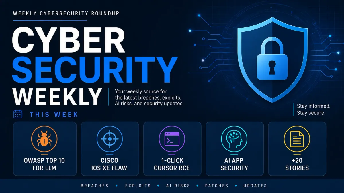 Седмичен бюлетин за киберсигурност — OWASP Top 10 за LLM, уязвимост в Cisco IOS XE и 1-клик Cursor RCE + 20 истории