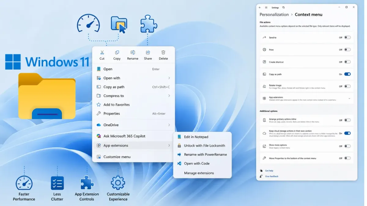 File Explorer в Windows 11 получава по-бързо и персонализируемо меню при десен бутон с контроли за разширения на приложения