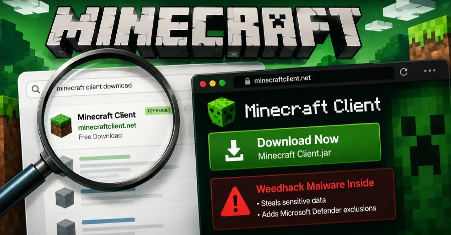 Зловреден софтуер Weedhack се разпространява чрез фалшиви клиенти за Minecraft и отравяне на търсачките (SEO Poisoning)
