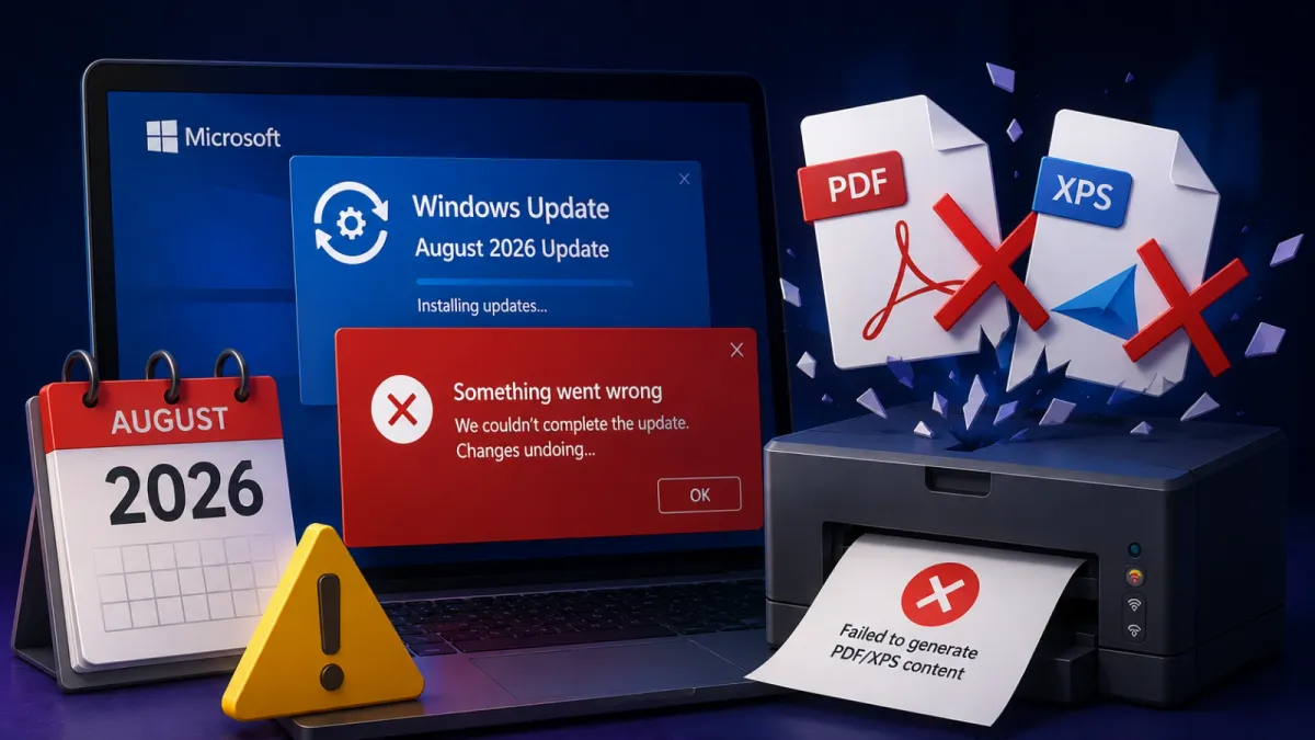 Актуализацията на Microsoft от август 2026 г. прекъсва генерирането на PDF/XPS съдържание
