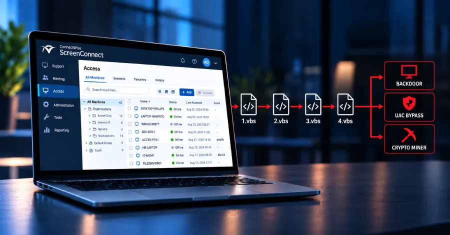Злонамерени клиенти на ScreenConnect разпространяват четиристепенна VBScript верига към новосвързани хостове