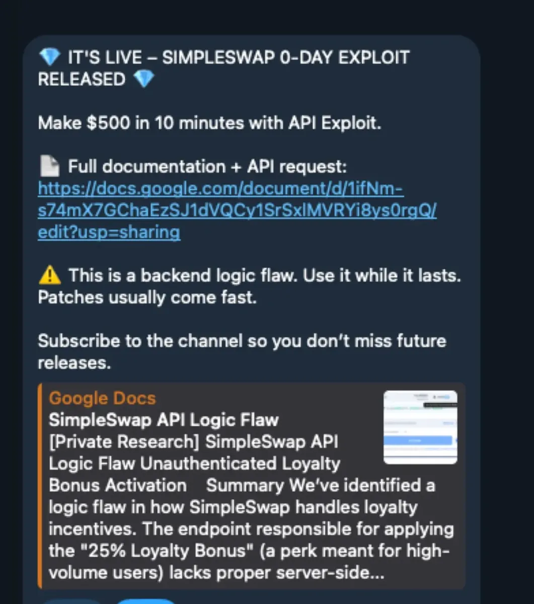 Публикация в Telegram канал, популяризираща документа с примамка „API Exploit“ (Източник – Cisco Talos)