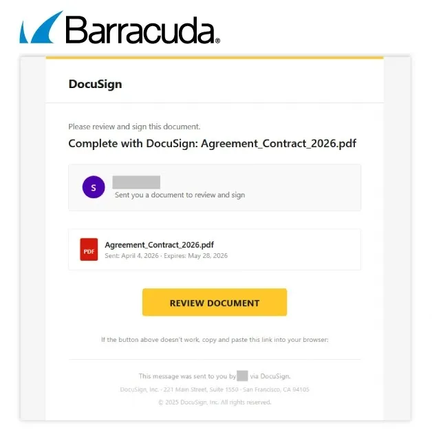 Имейл на тема DocuSign (Източник - Barracuda)
