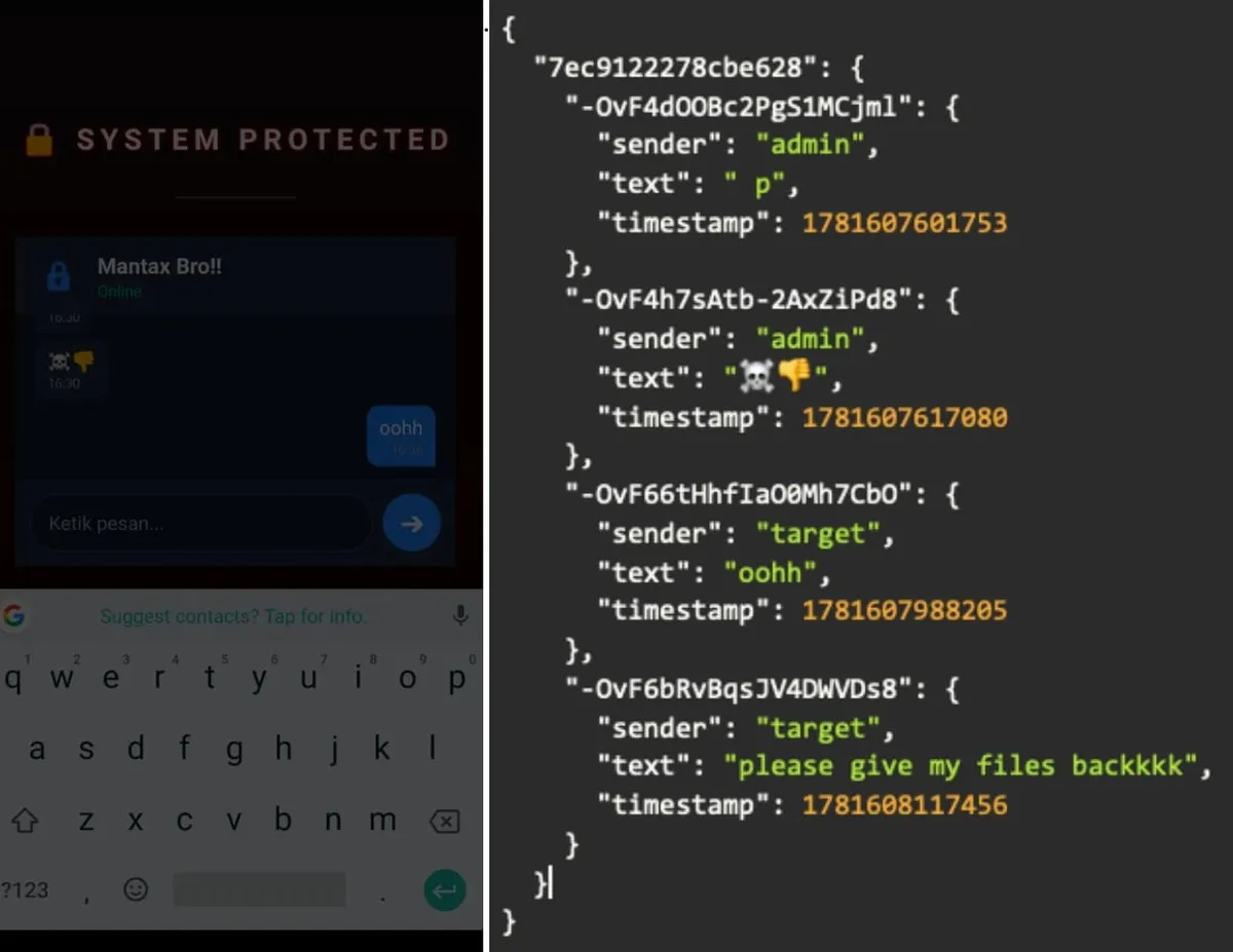 Firebase чат (вляво) и изтекли комуникации (вдясно)