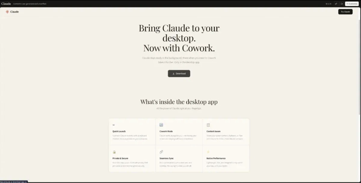 Фигура 1: Фишинг страница за Claude Desktop/Cowork, хоствана като Claude Artifact.