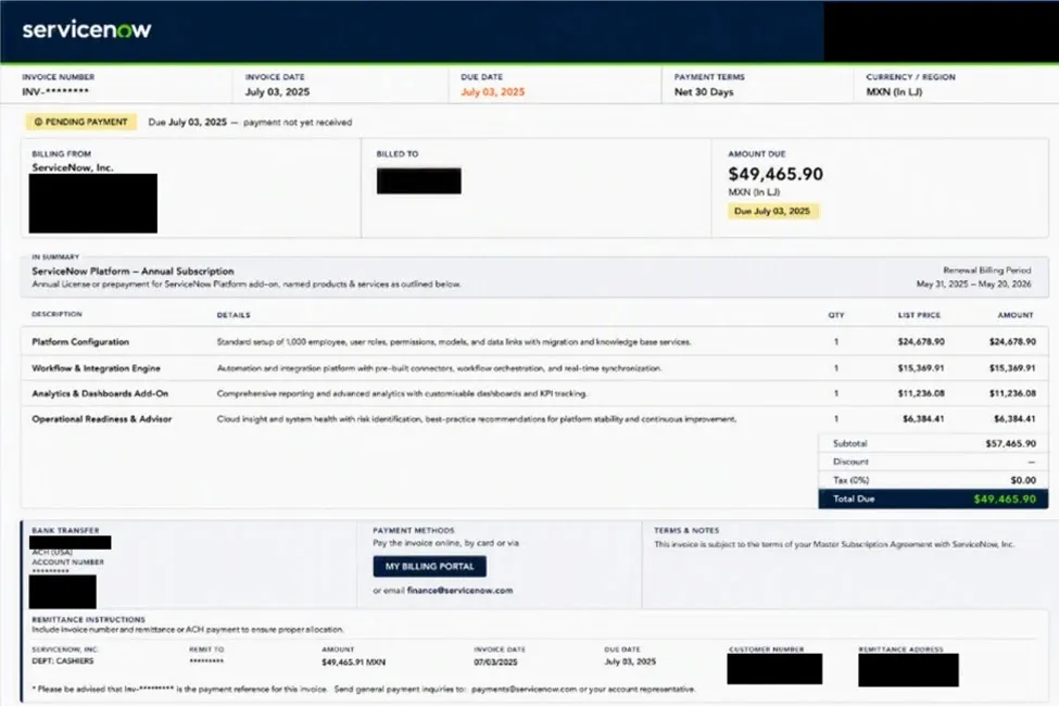 Подправена фактура на ServiceNow (Източник – Microsoft)