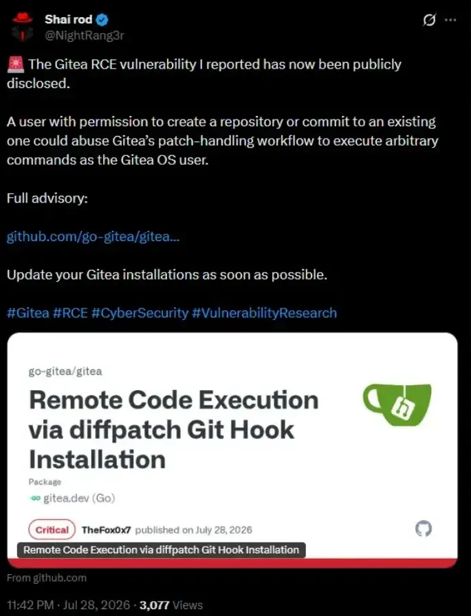 Публично оповестяване на CVE-2026-60004 и бюлетин за сигурност за Gitea DiffPatch RCE (Източник: acronis)