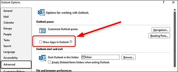 Опция „Show Apps in Outlook“