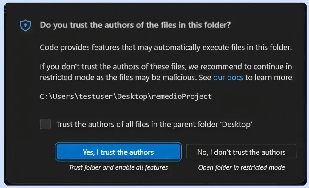 Запитването на Workspace Trust, единственият въпрос, на който се базира цялата функция (източник: Remedio)