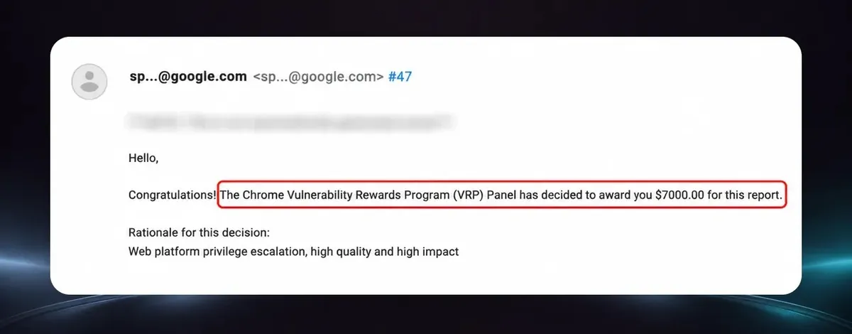 Награда от програмата за възнаграждения за открити уязвимости на Google VRP