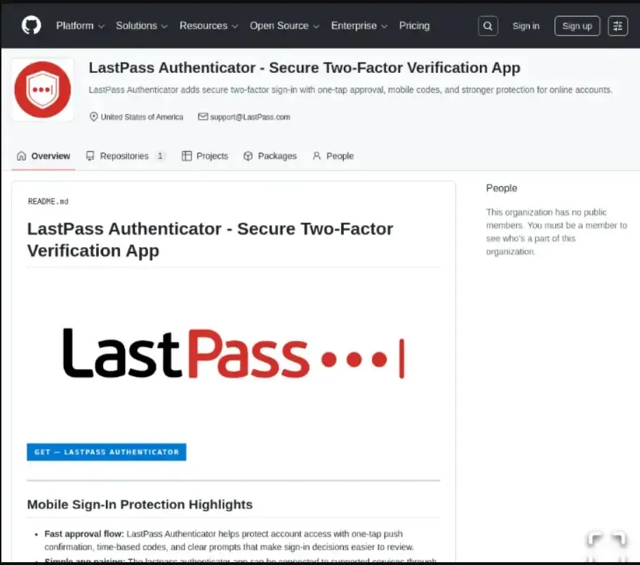 Фалшива GitHub страница на LastPass Authenticator се появява в резултатите от търсенето (източник: lastpass)