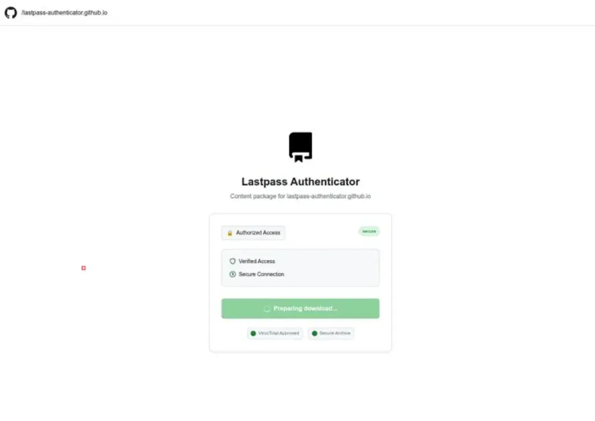 Сайт в GitHub Pages показва фалшив интерфейс за изтегляне (източник: lastpass)