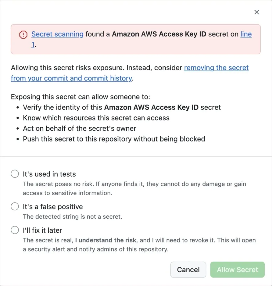 Сигнал от сканирането за тайни в GitHub