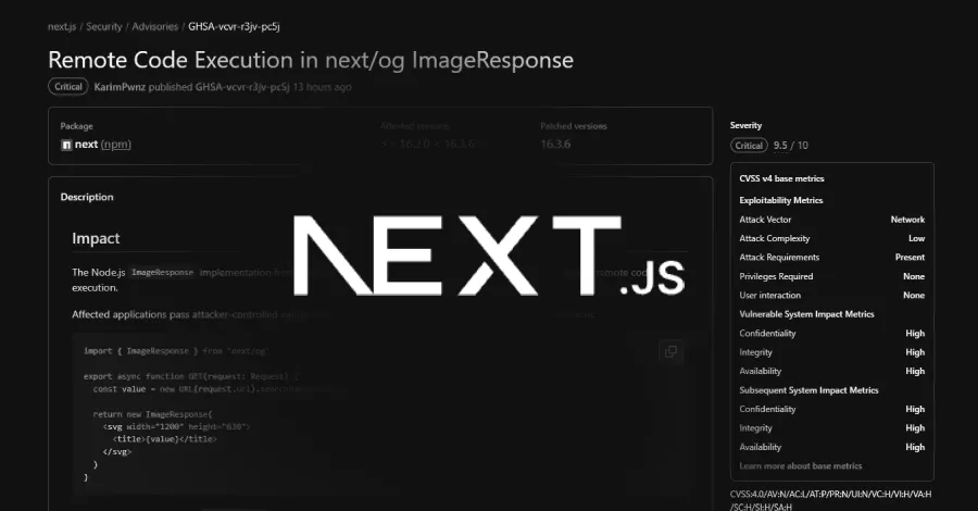 Критична уязвимост в Next.js ImageResponse може да доведе до изпълнение на код на сървъра чрез модифициран SVG вход