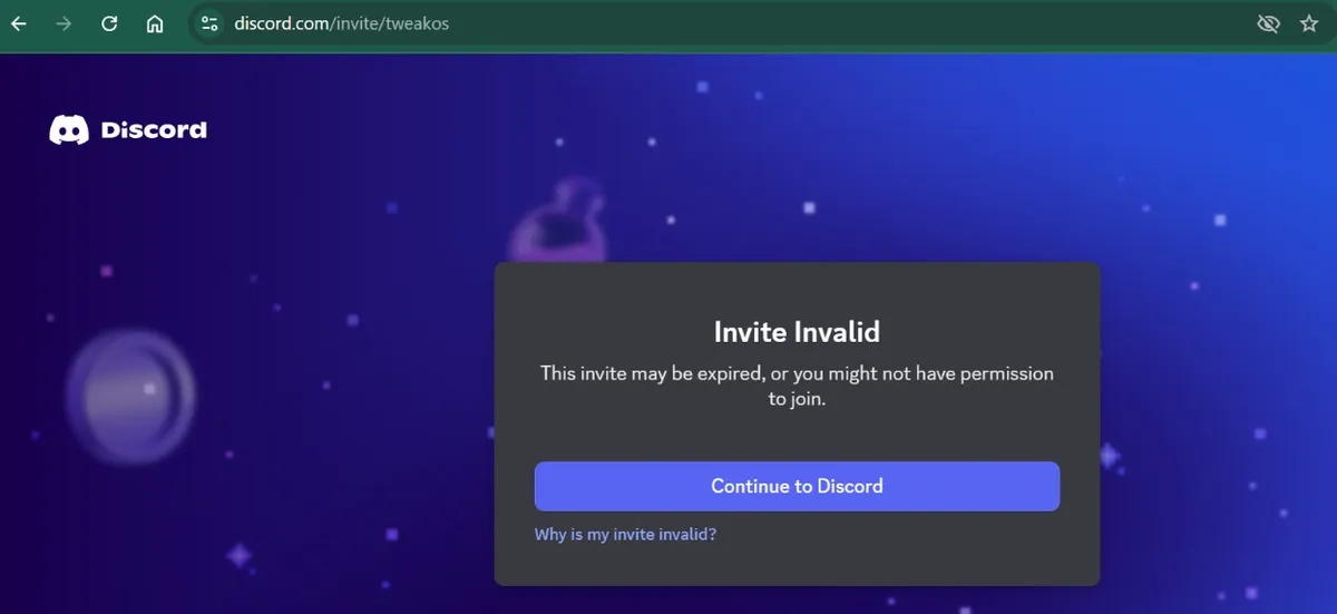 Invalid invite error (Source - Flare)