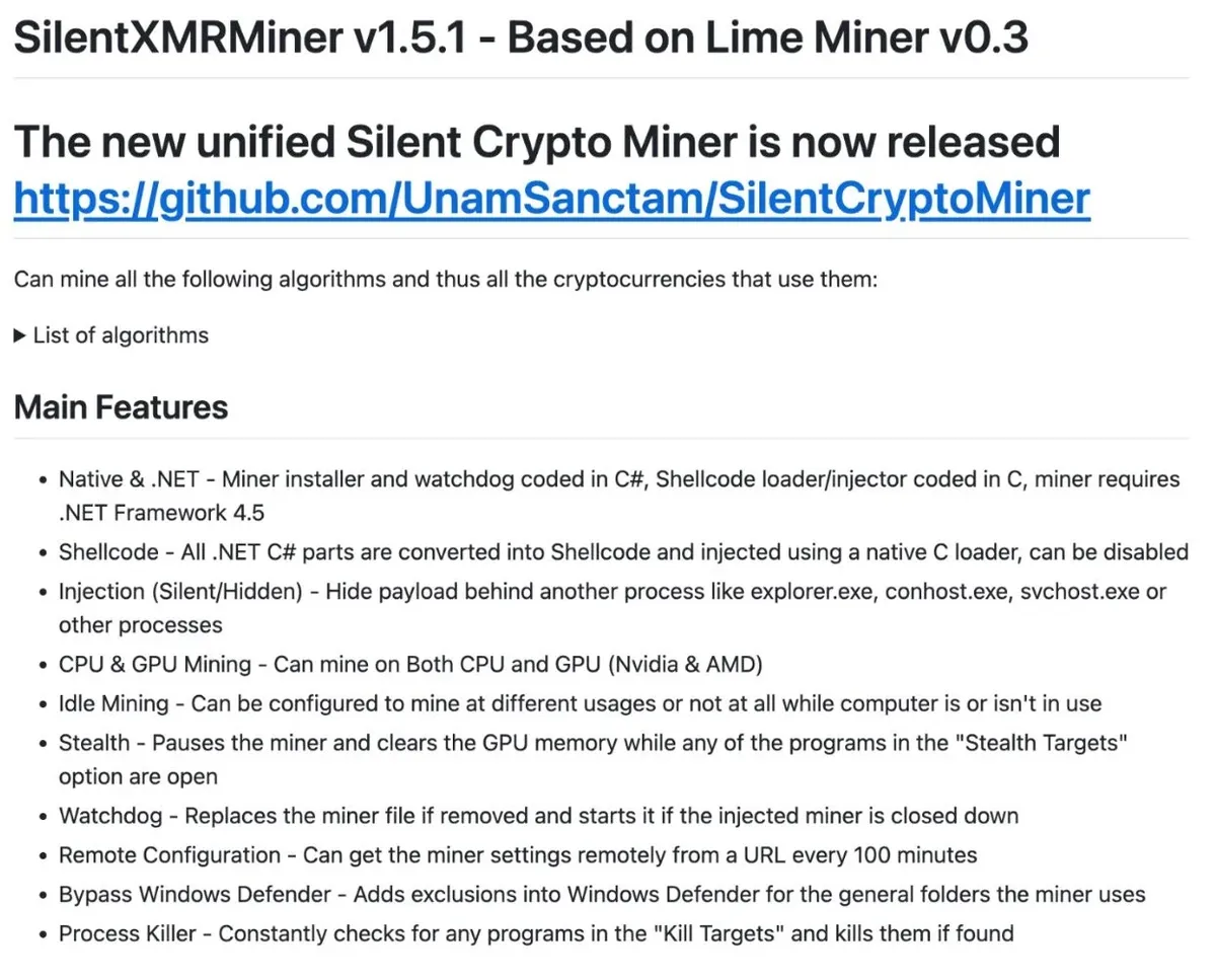 Подробности за основните функции на SilentXMRMiner в GitHub (Източник – Huntress)