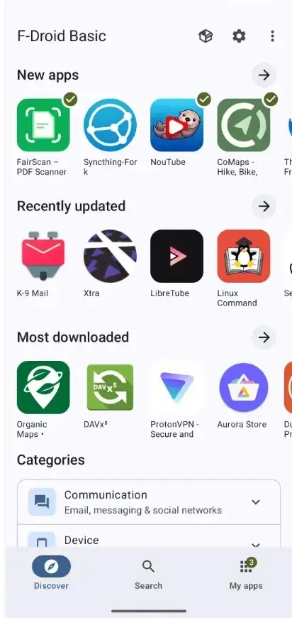 F-Droid 2.0 опростява навигацията с Discover, Search и My Apps (източник: f-droid)