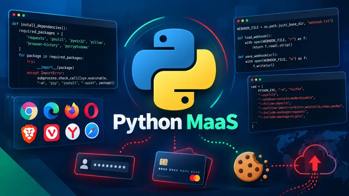 Базиран на Python MaaS инструмент за създаване на софтуер за кражба на данни извлича пароли, кредитни карти и бисквитки от 17 браузъра