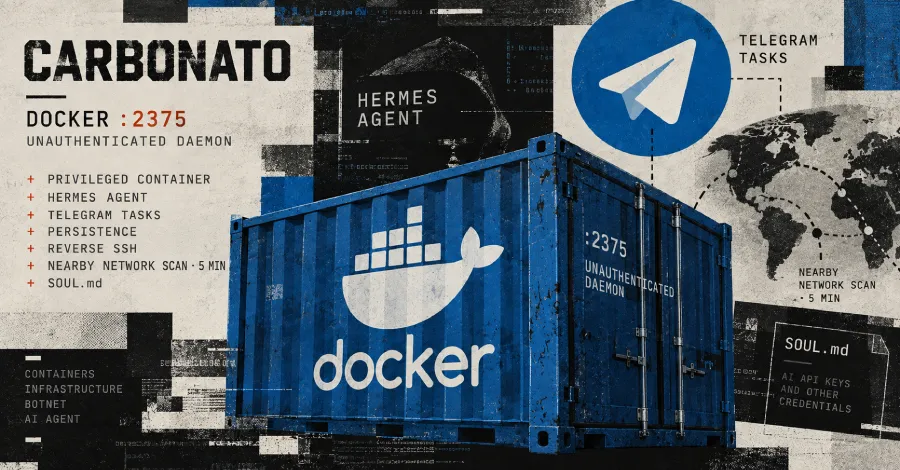 Ботнетът Carbonato компрометира Docker хостове за внедряване на Hermes AI агент, управляван през Telegram