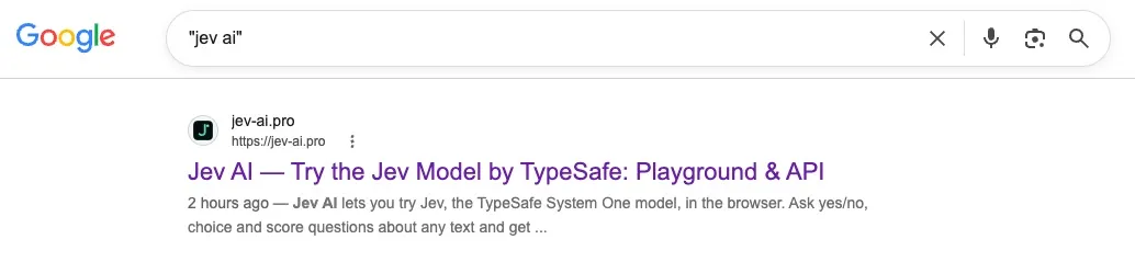 Търсене в Google за 'jev ai' - първият резултат е jev-ai.pro, а не TypeSafe (Източник - Eye)
