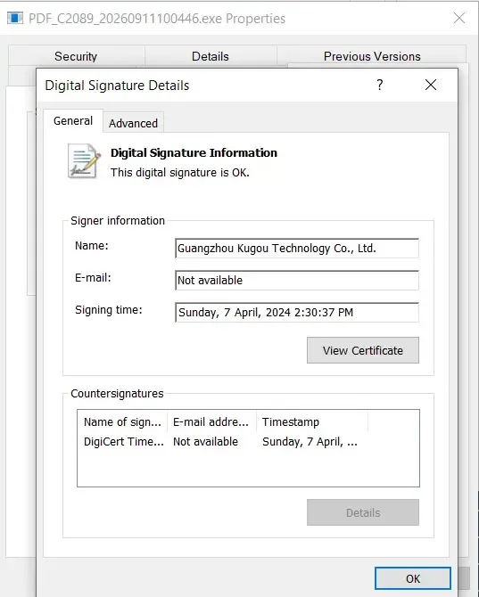 Valid Authenticode signature (Source - Pelagos Intel)