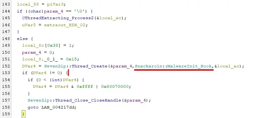 Точка на вмъкване на зареждащия модул в ExtractArchive() на 7zip SFX stub (Източник – G Data)