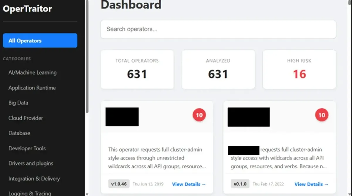 Потребителски интерфейс на OperTraitor, показващ оценките за риск (източник: Palo Alto Networks)