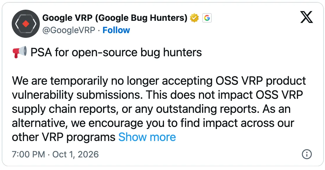 Google OSS VRP замразяване