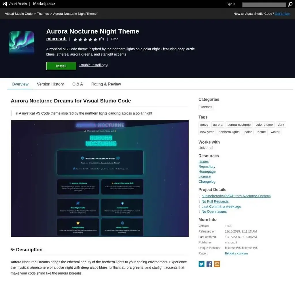 Историческа обява в Marketplace за премахнатата Aurora Nocturne Night Theme (Източник - Socket.dev)
