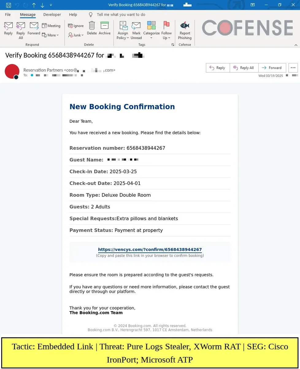 Пример за фишинг имейл, имитиращ Booking.com (Източник - Cofense)