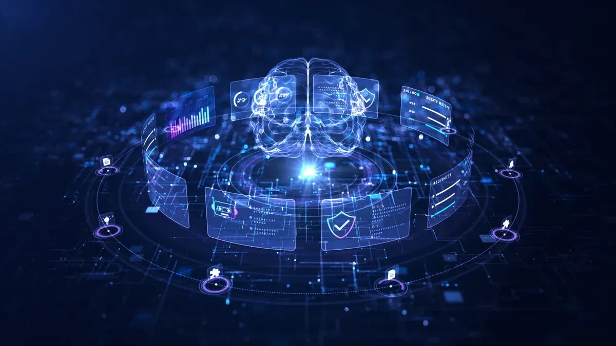 Концепция за платформа с автономни AI агенти, автономна интелигентност, когнитивна невронна мрежа, автоматизация за бизнеса, интелигентно вземане на решения, табло за анализи и дигитална екосистема, 3D визуализация