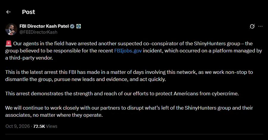 ФБР арестува друг заподозрян от ShinyHunters, за когото се твърди, че е замесен в хакването на портала за работа