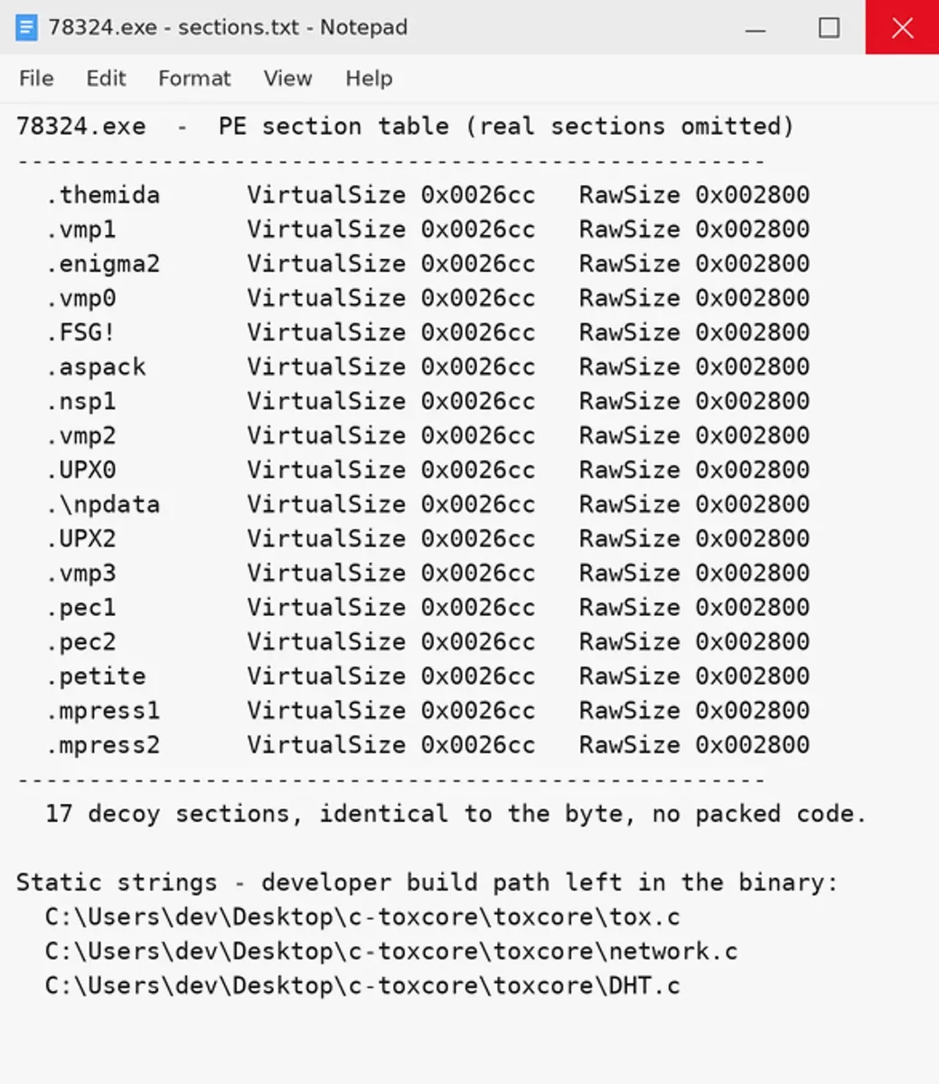 Имена на раздели, свързани с пакери, в 78324.exe.