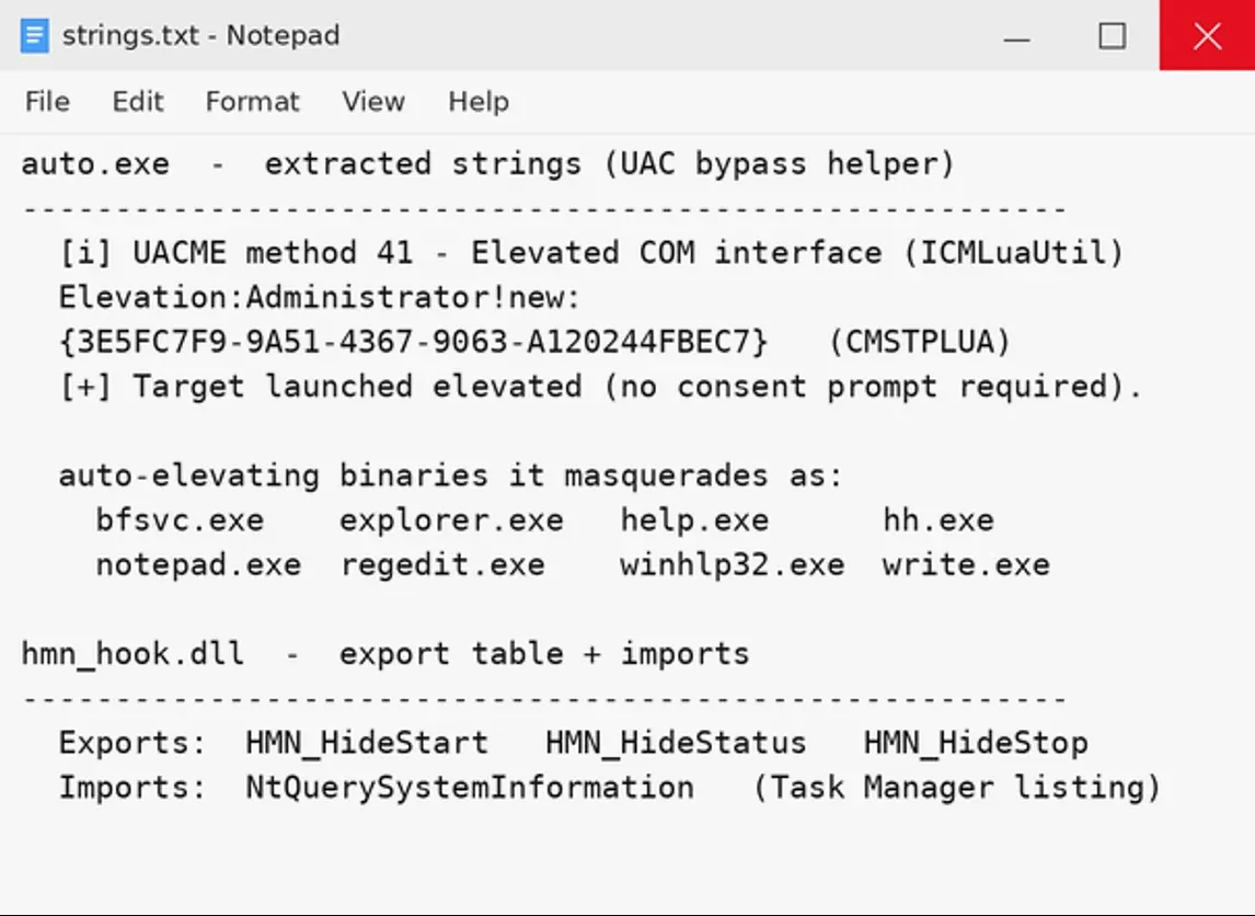 Извлечени низове от auto.exe и hmn_hook.dll.