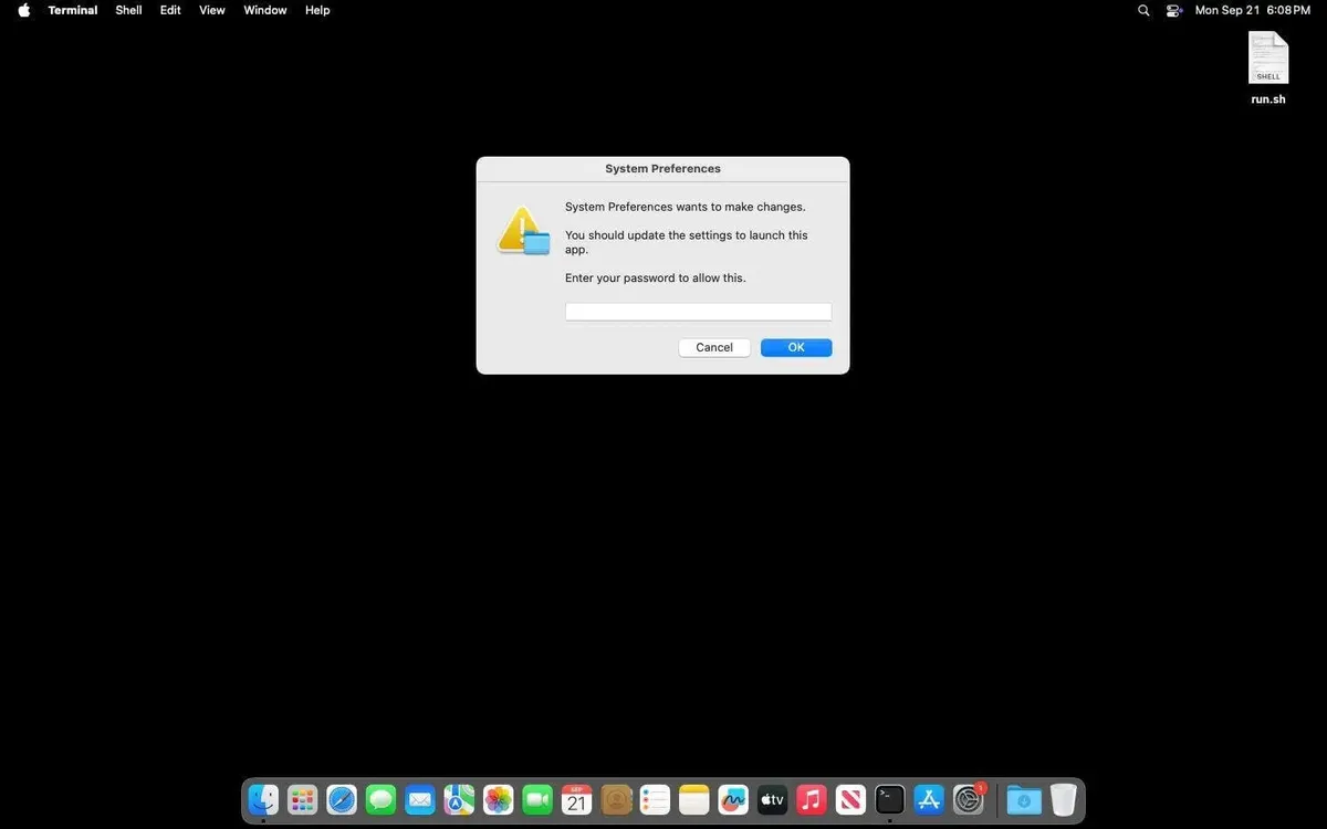 ICMacOS Dropper фалшив системен диалогов прозорец по подразбиране (Източник - SOCRadar)