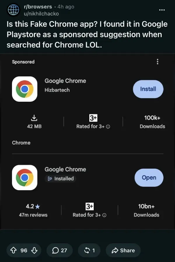 Фалшивото приложение на Chrome се намира в горната част на резултатите от търсенето (Източник – PiunikaWeb)