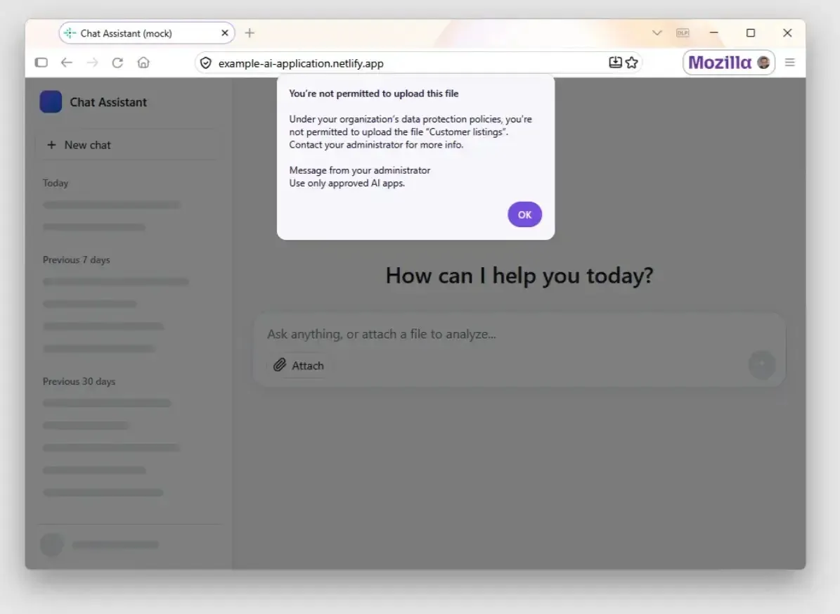 Предотвратяване на загуба на данни (DLP) (източник: Firefox)