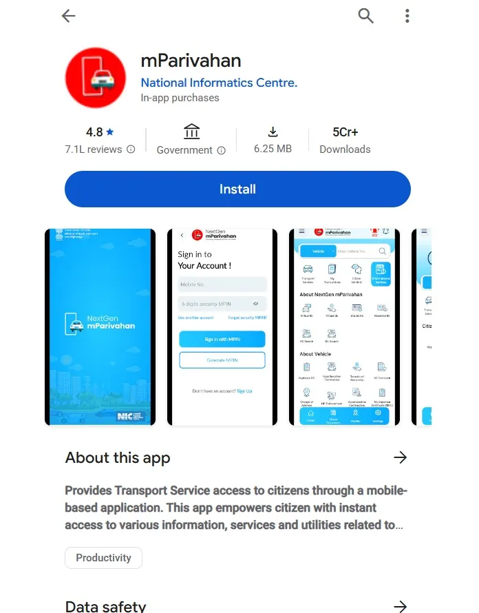 Фалшив уебсайт за инсталиране на mParivahan в стила на Google Play Store (Източник – Cyble)