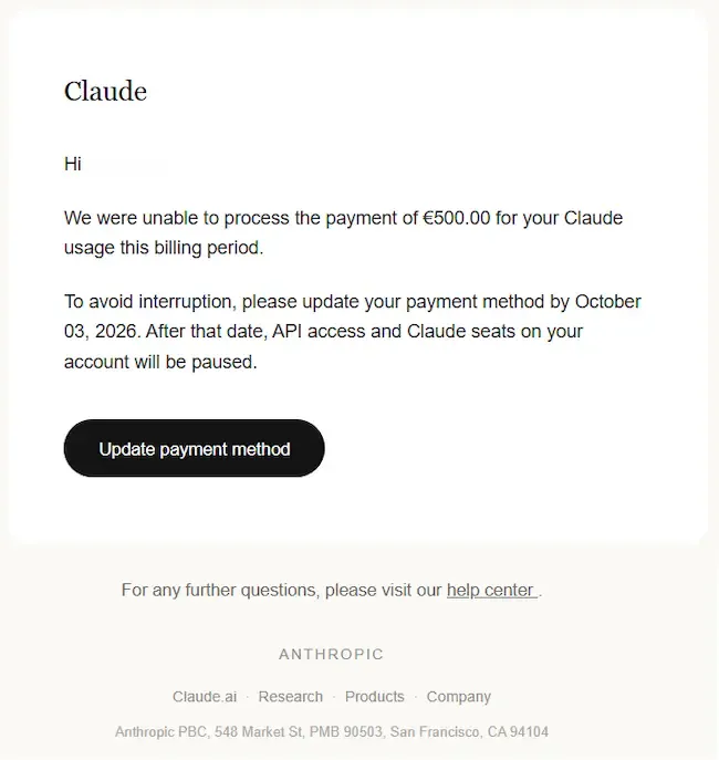 фишинг имейл за неуспешно плащане на Claude