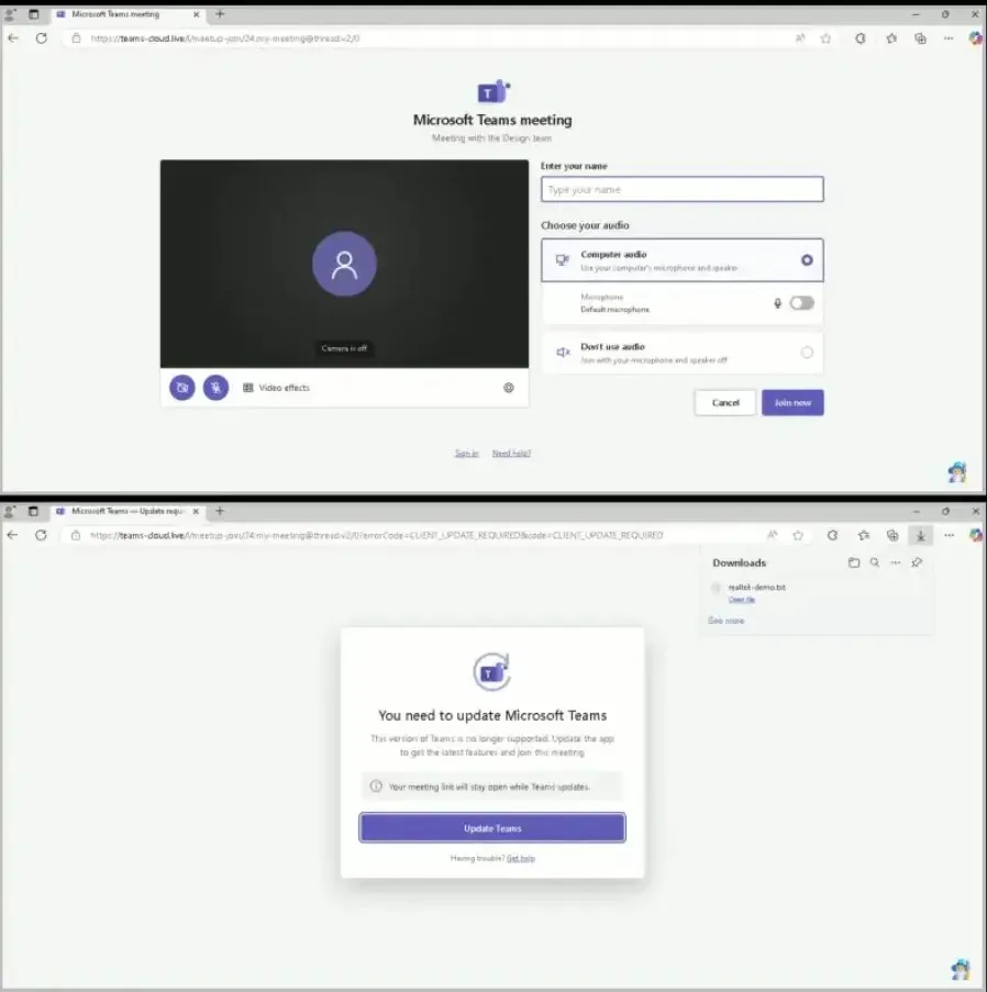 Новорегистрираният teams-cloud[.]live имитира интерфейса за вход на Microsoft Teams (източник: Linkedin)