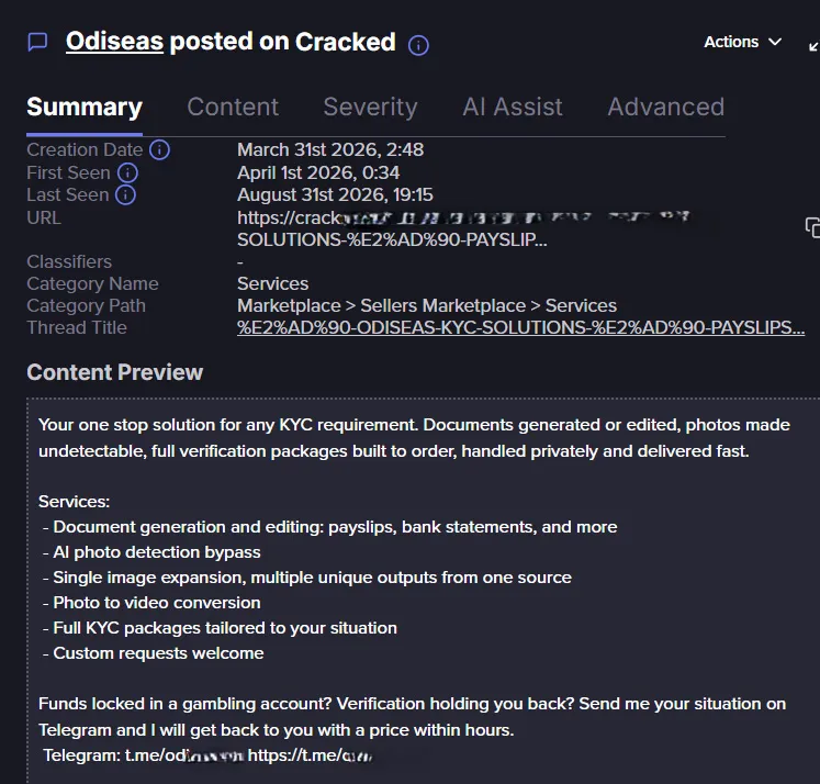 Екранна снимка от платформата на Flare, показваща рекламирани KYC услуги в нелегален форум.