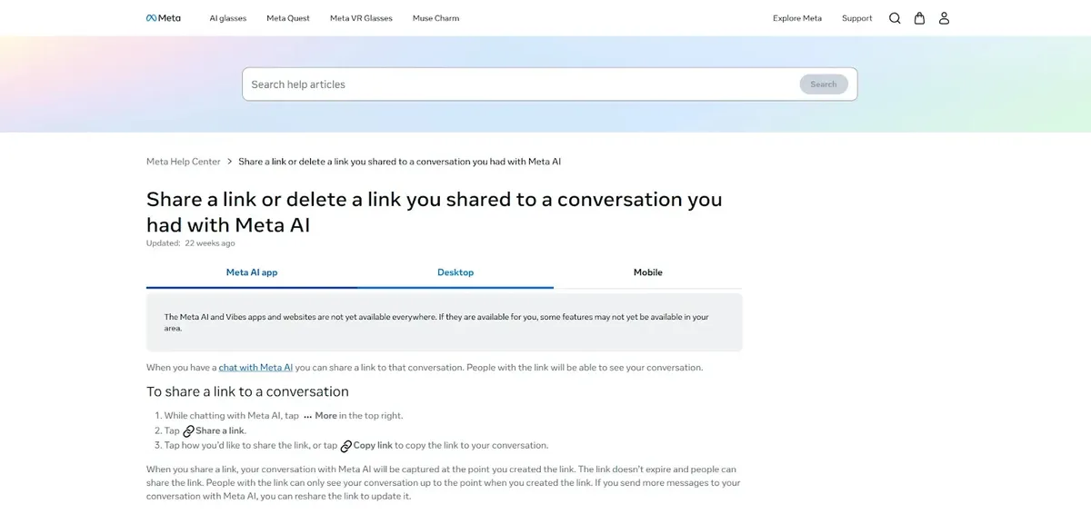 Помощна страница на самата Meta за споделяне на разговор с Meta AI (Източник - Claroc)