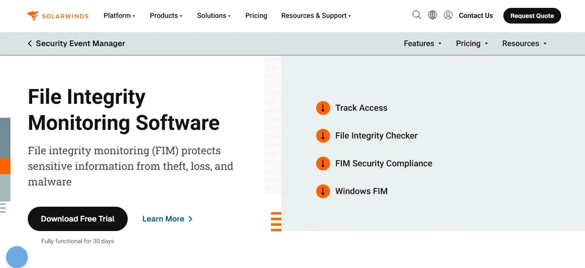 SolarWinds — Най-добрият FIM, интегриран с системи за наблюдаемост