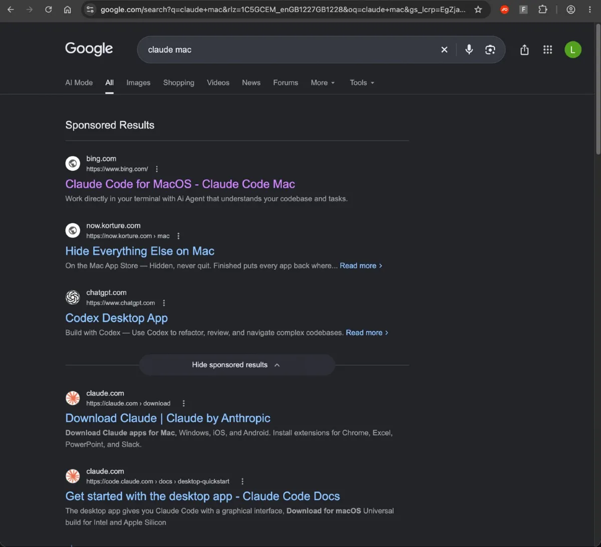 Спонсориран резултат в Google за „claude mac“, който показва bing.com като свой домейн.