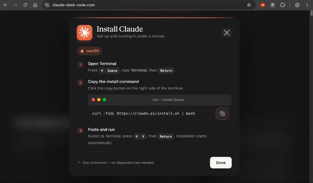 Фалшивата страница за изтегляне на Claude показва истинската инсталационна команда на Anthropic, но зад кулисите се копира злонамерена команда.
