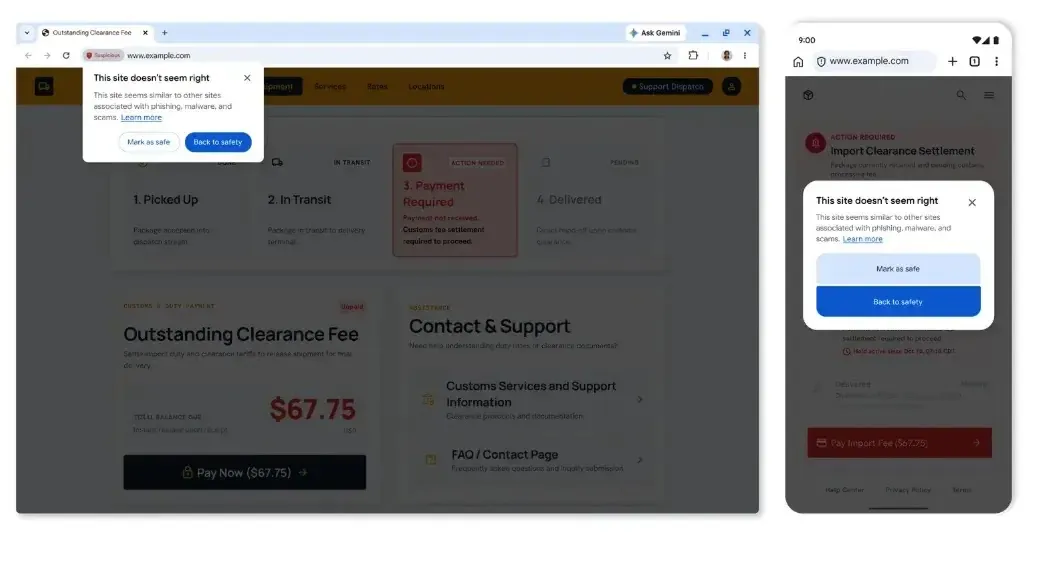 Предупреждения за подозрителни сайтове в Chrome (източник: Google)