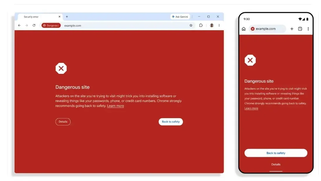 Предупреждения за опасни сайтове в Chrome (източник: Google)